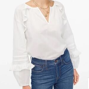 J. Crew Ruffle Trim Peasant White Cotton V-neck Long Sleeve Casual Top
